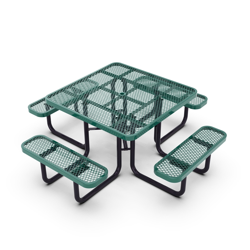 Commercial 46 Inch Square Expanded Mesh Metal Picnic Table with Anchors - Green