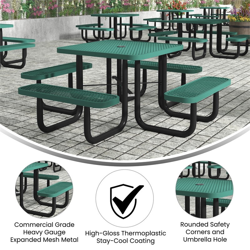 Commercial 46 Inch Square Expanded Mesh Metal Picnic Table with Anchors - Green