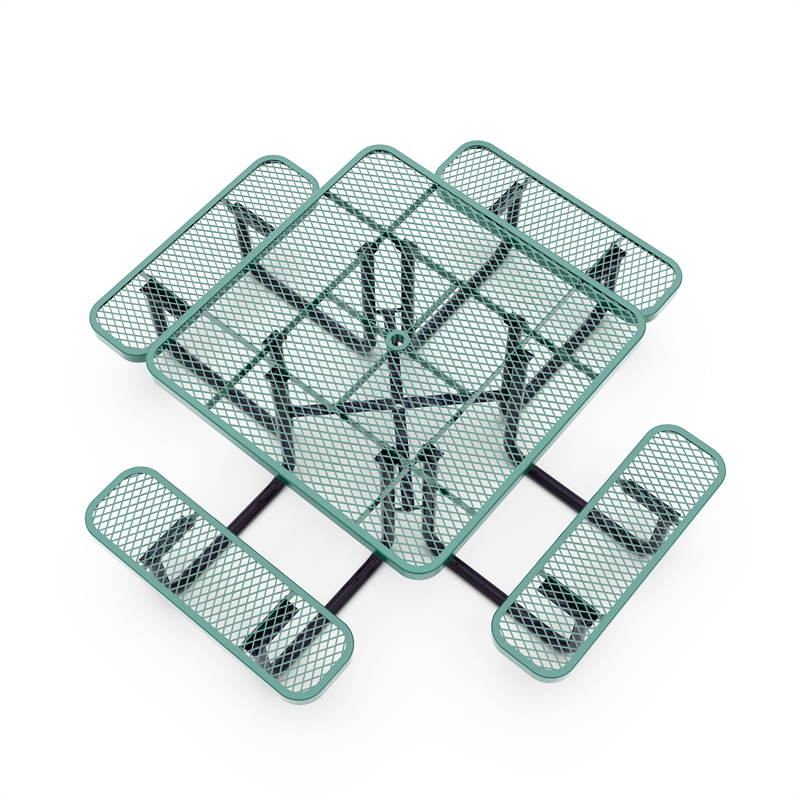 Commercial 46 Inch Square Expanded Mesh Metal Picnic Table with Anchors - Green