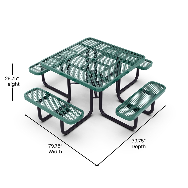 Commercial 46 Inch Square Expanded Mesh Metal Picnic Table with Anchors - Green