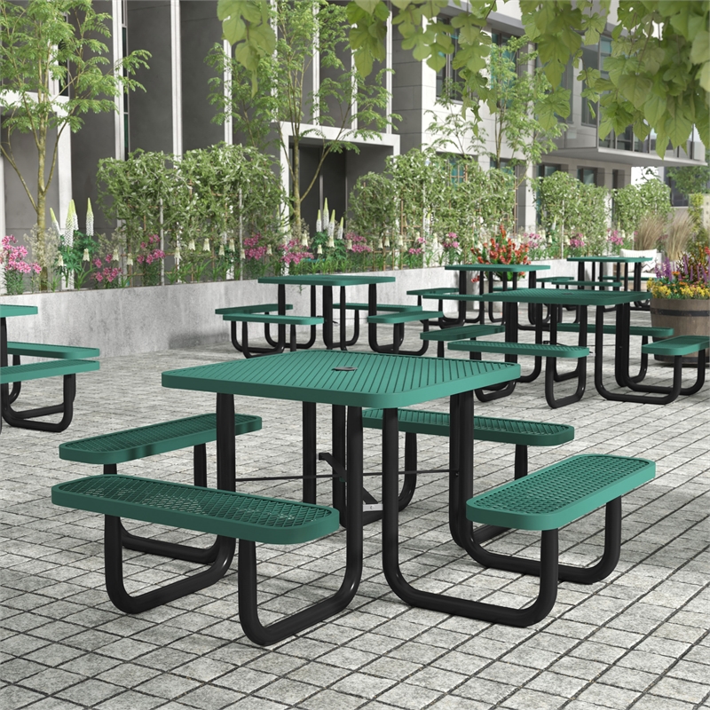 Commercial 46 Inch Square Expanded Mesh Metal Picnic Table with Anchors - Green