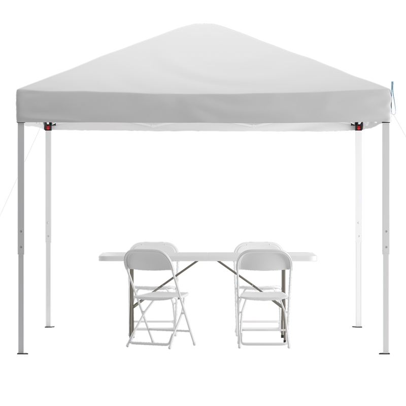 10' x 10' White Pop Up Canopy Folding Table and 4 White Folding Chairs Bundle