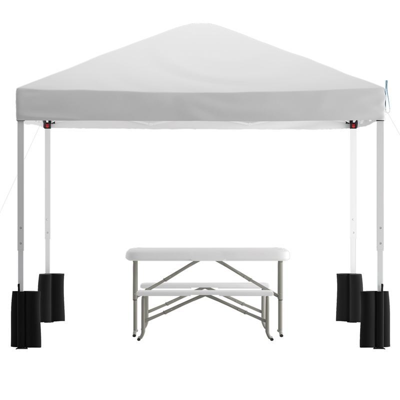 10' x 10' White Pop Up Canopy - Wheeled Case - Folding Table with Benches Set
