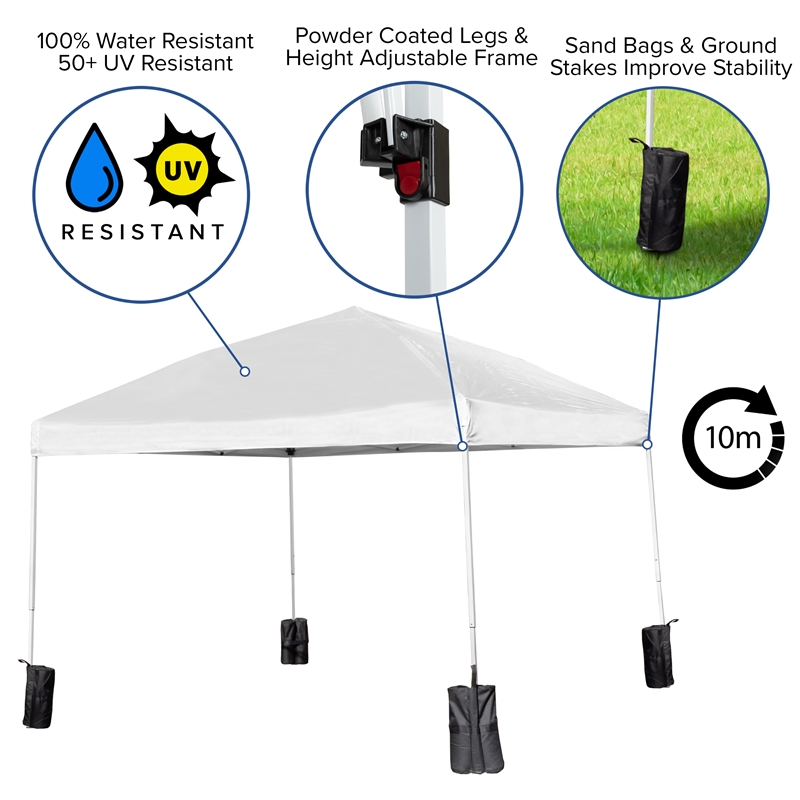 10' x 10' White Pop Up Canopy - Wheeled Case - Folding Table with Benches Set