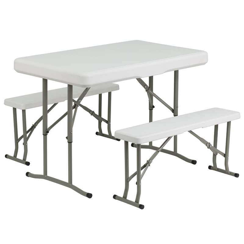 10' x 10' White Pop Up Canopy - Wheeled Case - Folding Table with Benches Set
