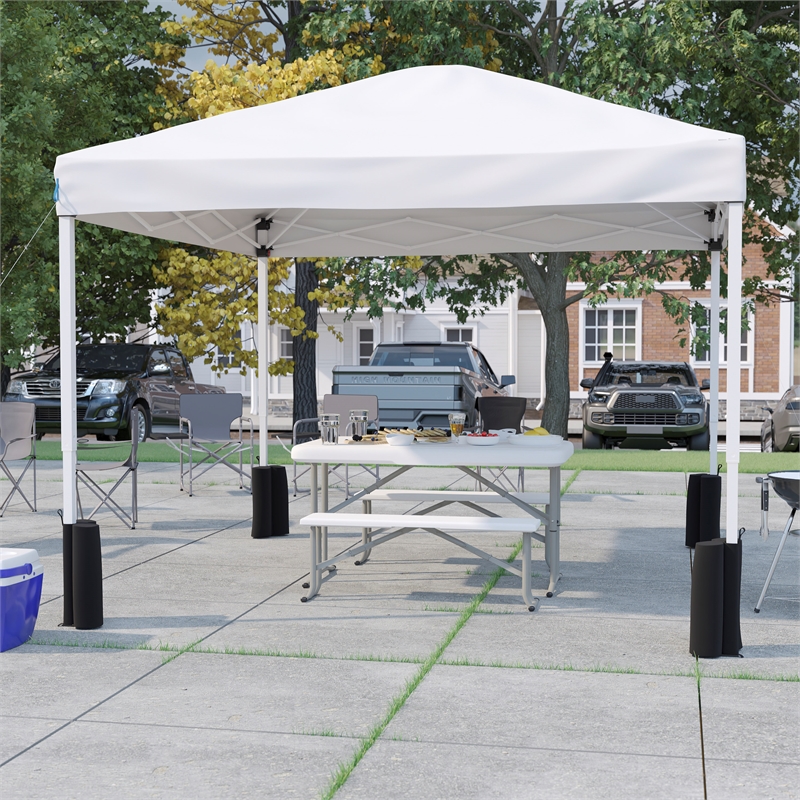 10' x 10' White Pop Up Canopy - Wheeled Case - Folding Table with Benches Set