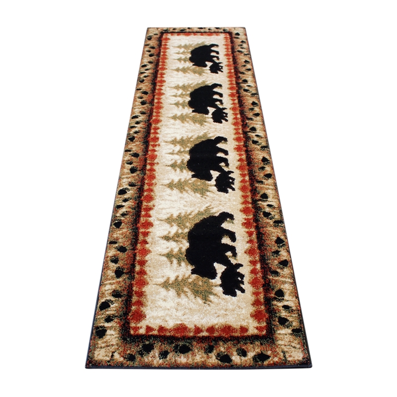 Wandering Bear and Cub Rustic Olefin Area Rug in Brown - Jute Backing - 2' x 7'