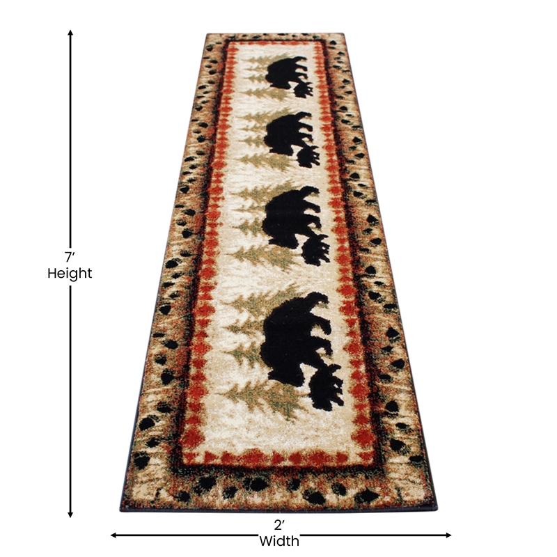 Wandering Bear and Cub Rustic Olefin Area Rug in Brown - Jute Backing - 2' x 7'
