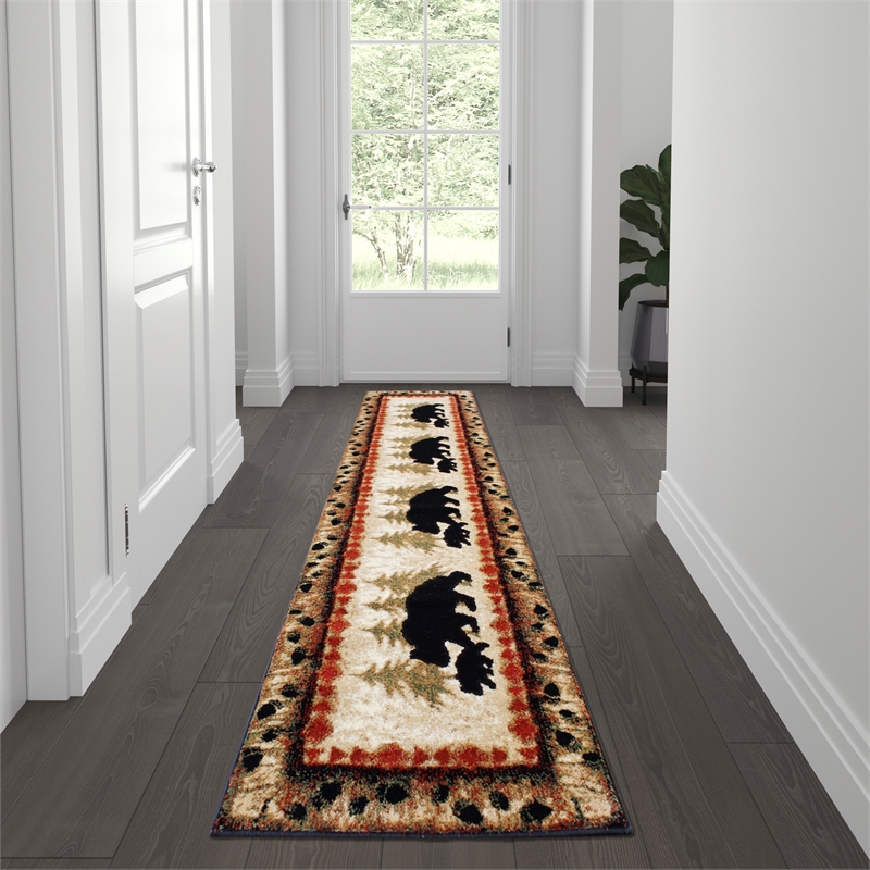 Wandering Bear and Cub Rustic Olefin Area Rug in Brown - Jute Backing - 2' x 7'