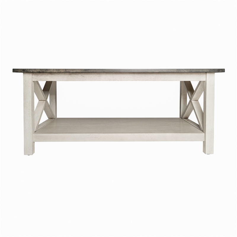 Solid Wood Traditional Farmhouse Coffee Table in Acacia Gray and Rustic White