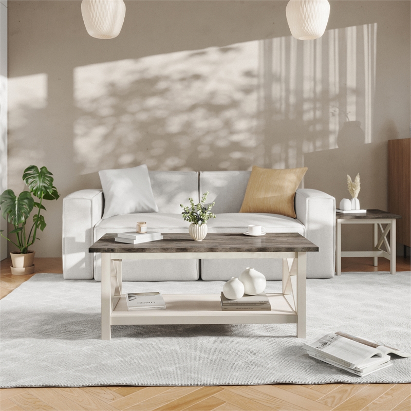 Solid Wood Traditional Farmhouse Coffee Table in Acacia Gray and Rustic White