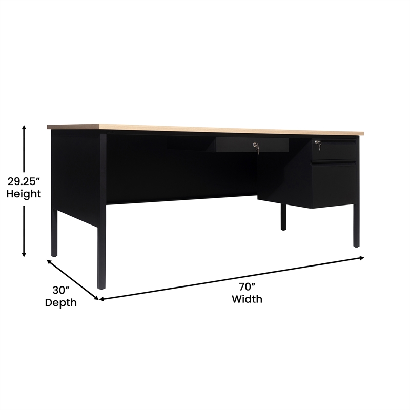 Commercial Right Side Single Pedestal Desk-3 Locking Drawers in White Oak-30x70