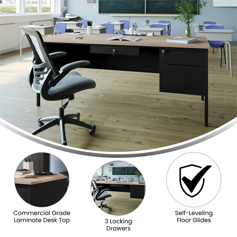 Commercial Right Side Single Pedestal Desk-3 Locking Drawers in White Oak-30x70