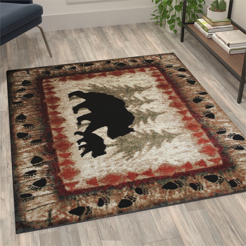 Wandering Bear and Cub Rustic Olefin Area Rug in Brown - Jute Backing - 4' x 5'