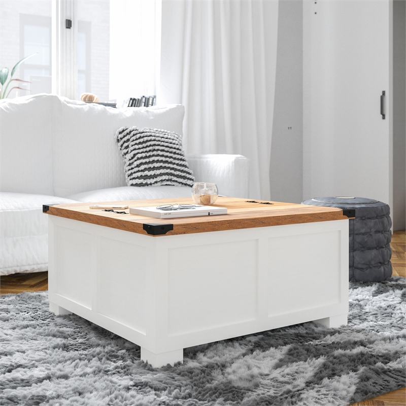 Farmhouse Coffee Table with Hinged Lift Top and Storage in White/Rustic Oak