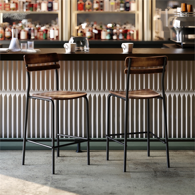 2PK Commercial Solid Wood Bar Stools with Black Frames and Antique Copper Finish