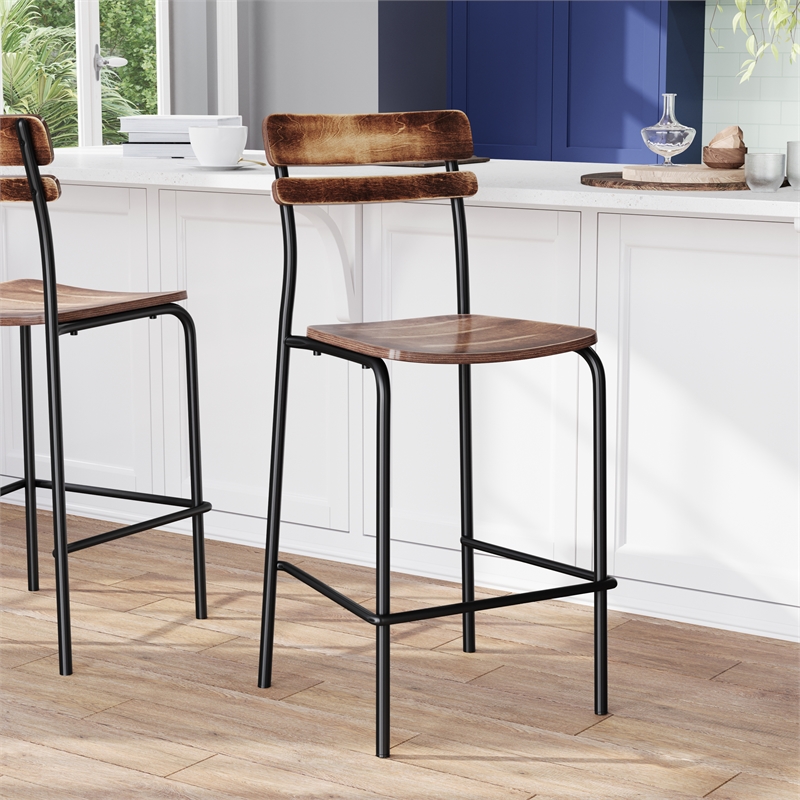 2PK Commercial Solid Wood Bar Stools with Black Frames and Antique Copper Finish
