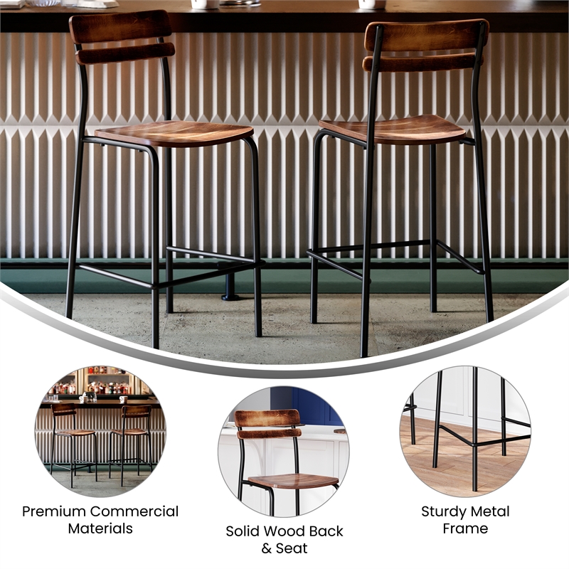 2PK Commercial Solid Wood Bar Stools with Black Frames and Antique Copper Finish