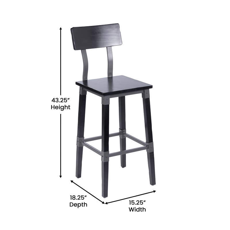 2 Pack Commercial Rustic Black Industrial Style Wood Dining Barstool