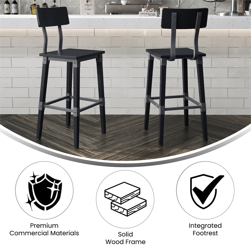 2 Pack Commercial Rustic Black Industrial Style Wood Dining Barstool