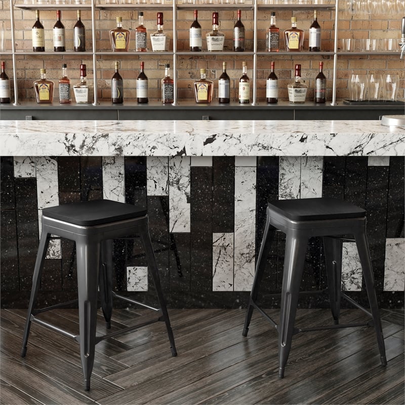 All-Weather Black Commercial Backless Counter Stools-Black Poly Seat-4 PK