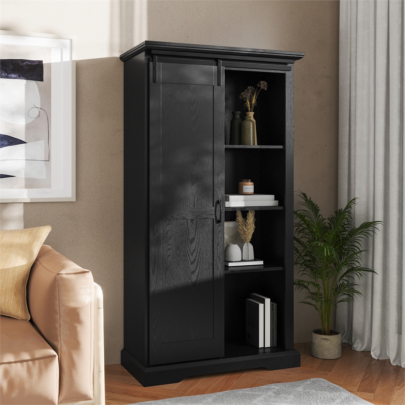 Farmhouse Storage Cabinet with Adjustable Shelves and Sliding Barn Door - Black