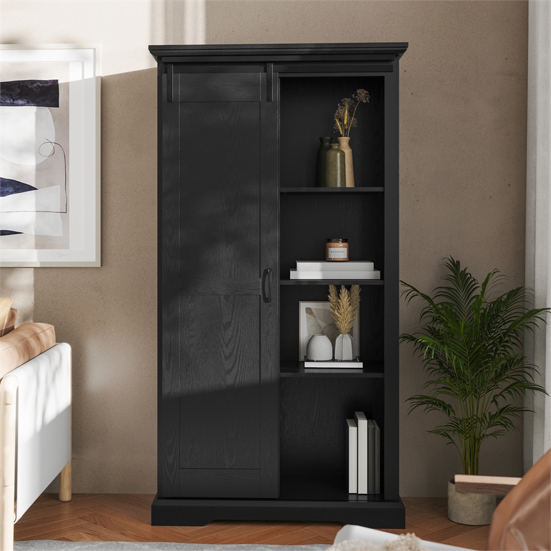 Farmhouse Storage Cabinet with Adjustable Shelves and Sliding Barn Door - Black