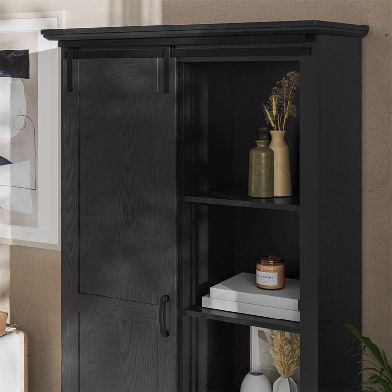 Farmhouse Storage Cabinet with Adjustable Shelves and Sliding Barn Door - Black