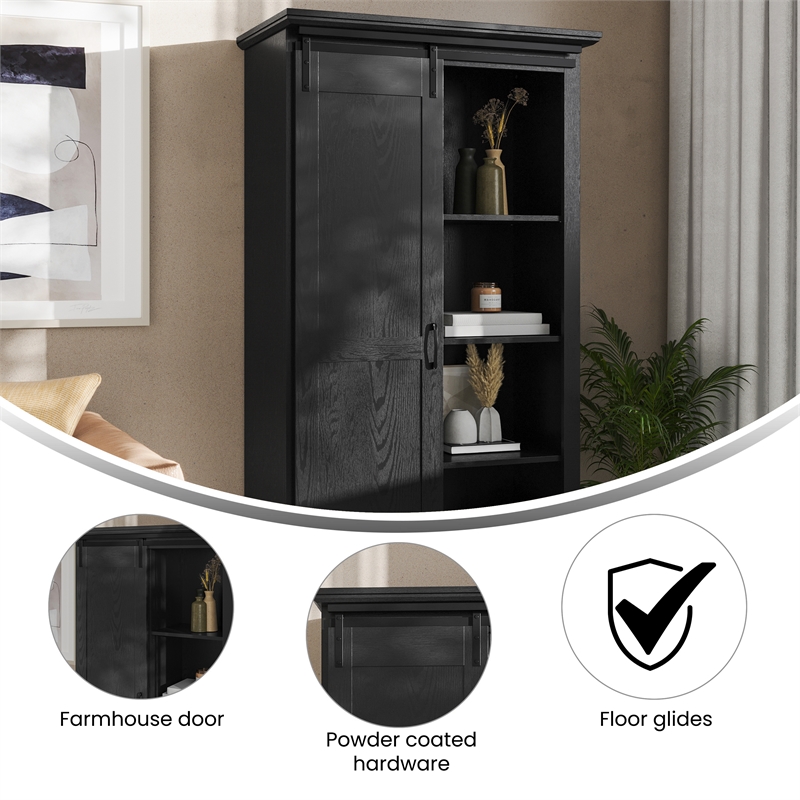 Farmhouse Storage Cabinet with Adjustable Shelves and Sliding Barn Door - Black