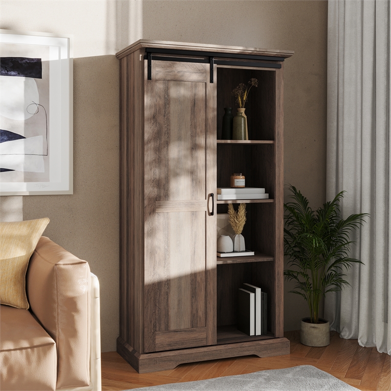 Farmhouse Storage Cabinet with Adjustable Shelves and Sliding Barn Door-Graywash