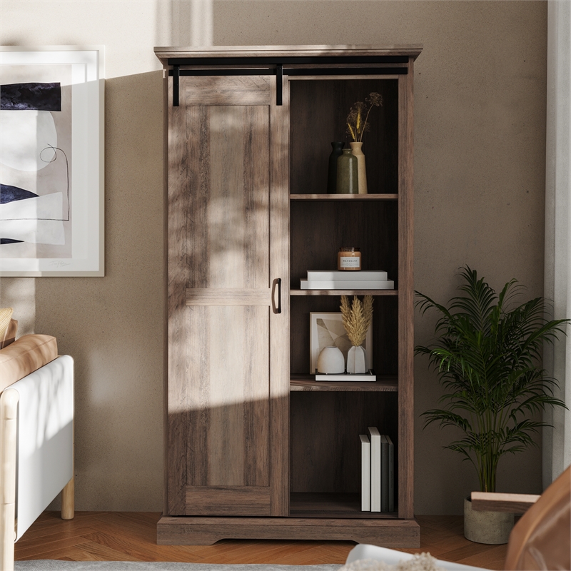 Farmhouse Storage Cabinet with Adjustable Shelves and Sliding Barn Door-Graywash
