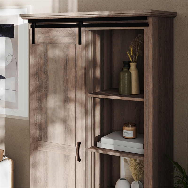 Farmhouse Storage Cabinet with Adjustable Shelves and Sliding Barn Door-Graywash