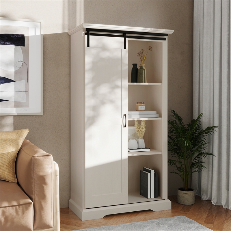 Farmhouse Storage Cabinet with Adjustable Shelves and Sliding Barn Door - White