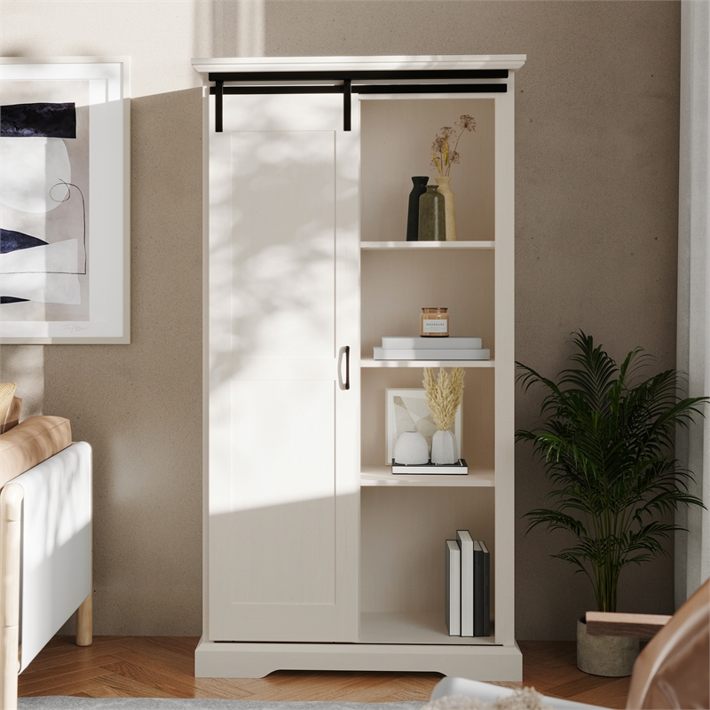Farmhouse Storage Cabinet with Adjustable Shelves and Sliding Barn Door - White