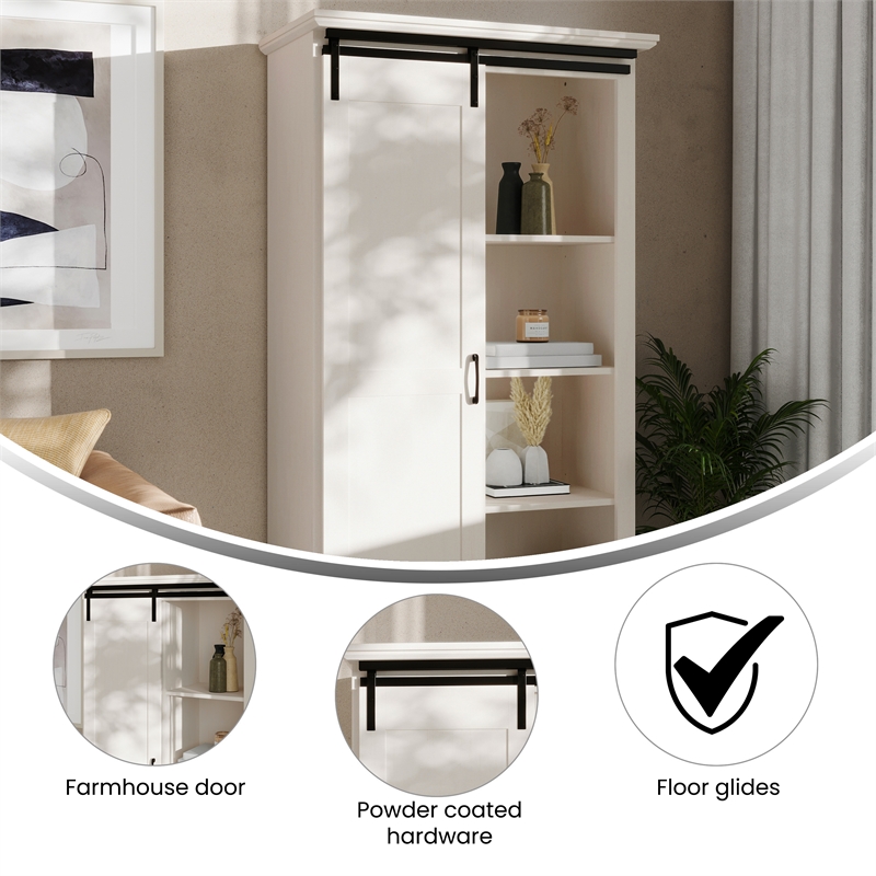 Farmhouse Storage Cabinet with Adjustable Shelves and Sliding Barn Door - White