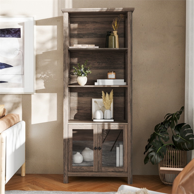 3 Tier Farmhouse Style Storage Cabinet Bookshelf with Glass Doors - Gray Wash