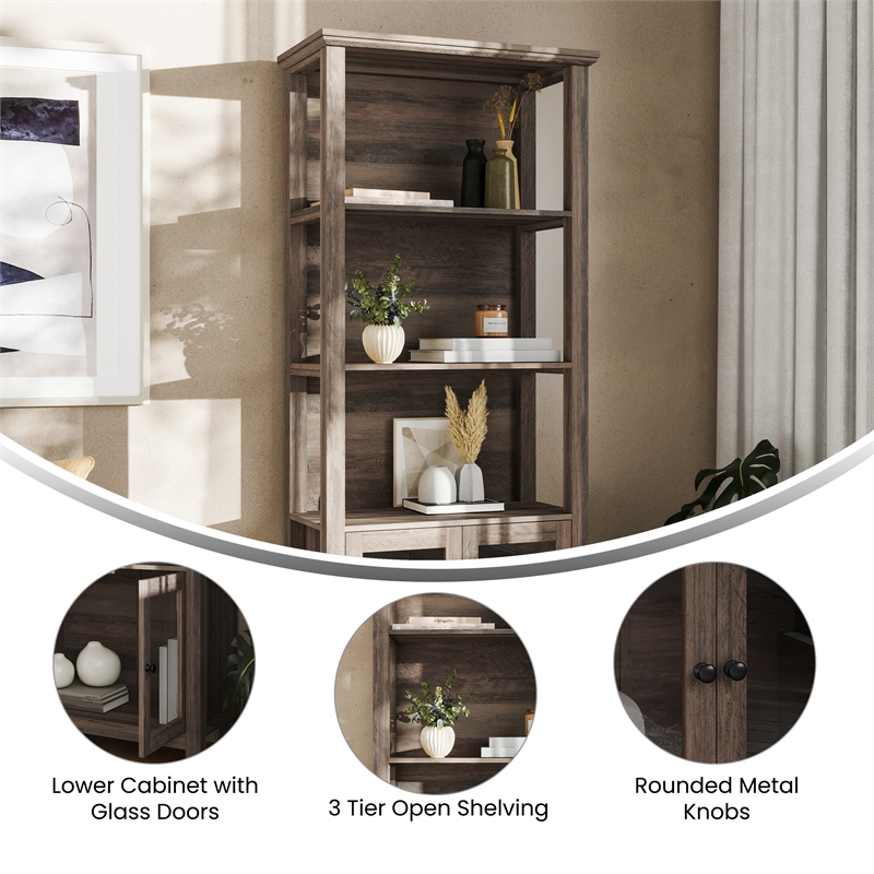 3 Tier Farmhouse Style Storage Cabinet Bookshelf with Glass Doors - Gray Wash