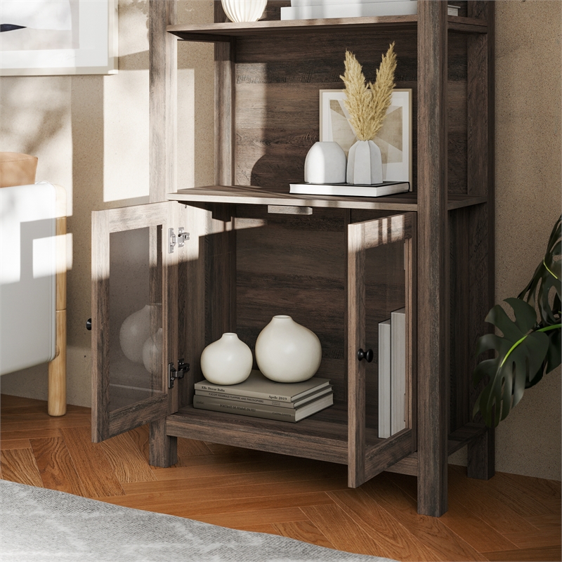3 Tier Farmhouse Style Storage Cabinet Bookshelf with Glass Doors - Gray Wash