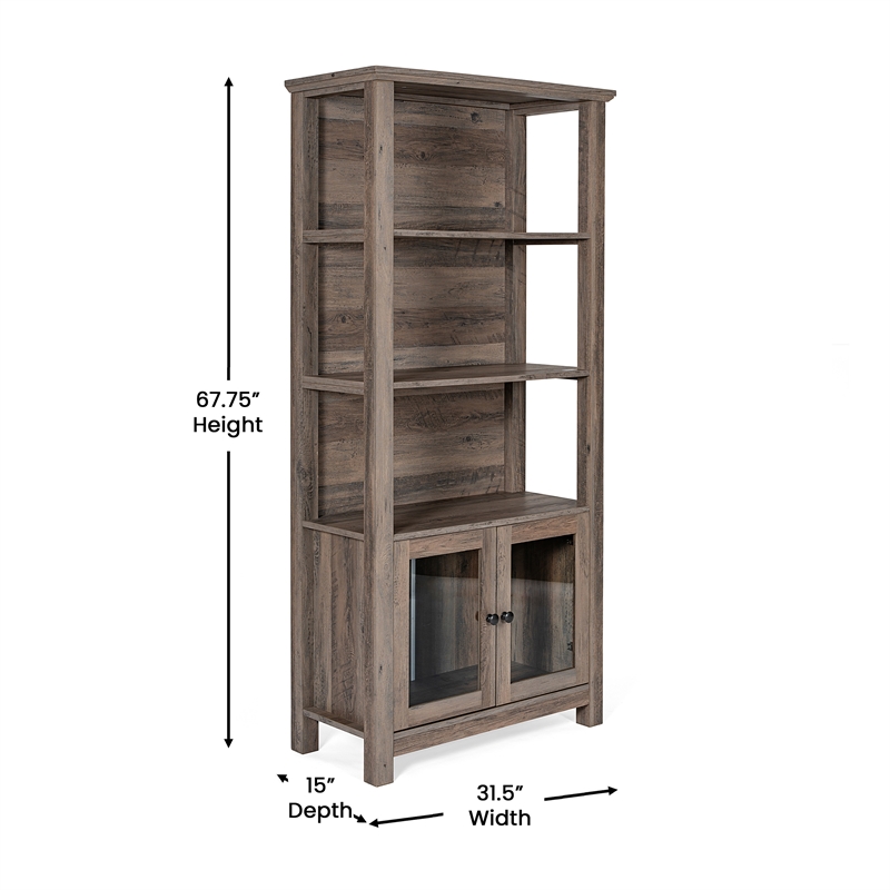 3 Tier Farmhouse Style Storage Cabinet Bookshelf with Glass Doors - Gray Wash