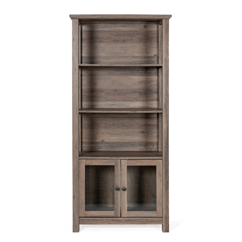 3 Tier Farmhouse Style Storage Cabinet Bookshelf with Glass Doors - Gray Wash