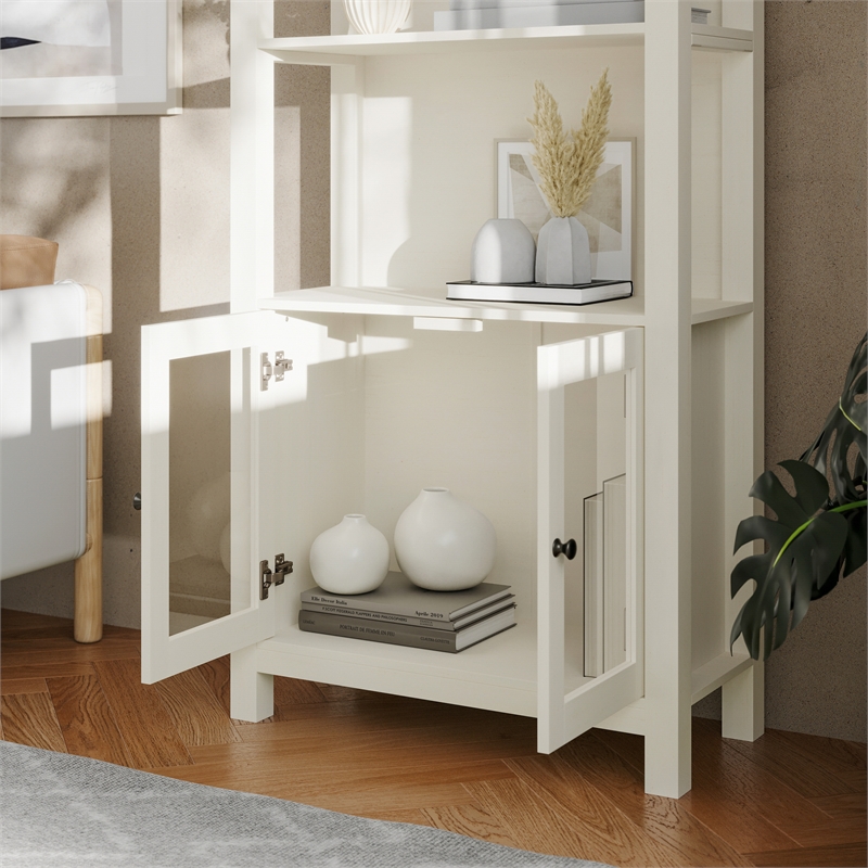 3 Tier Farmhouse Style Storage Cabinet Bookshelf with Glass Doors - White