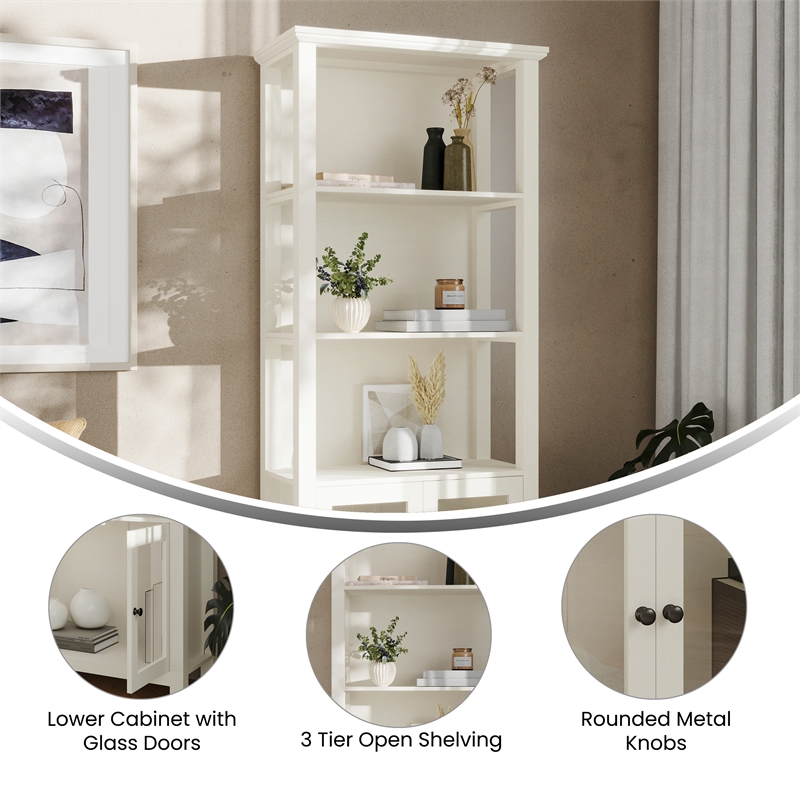 3 Tier Farmhouse Style Storage Cabinet Bookshelf with Glass Doors - White
