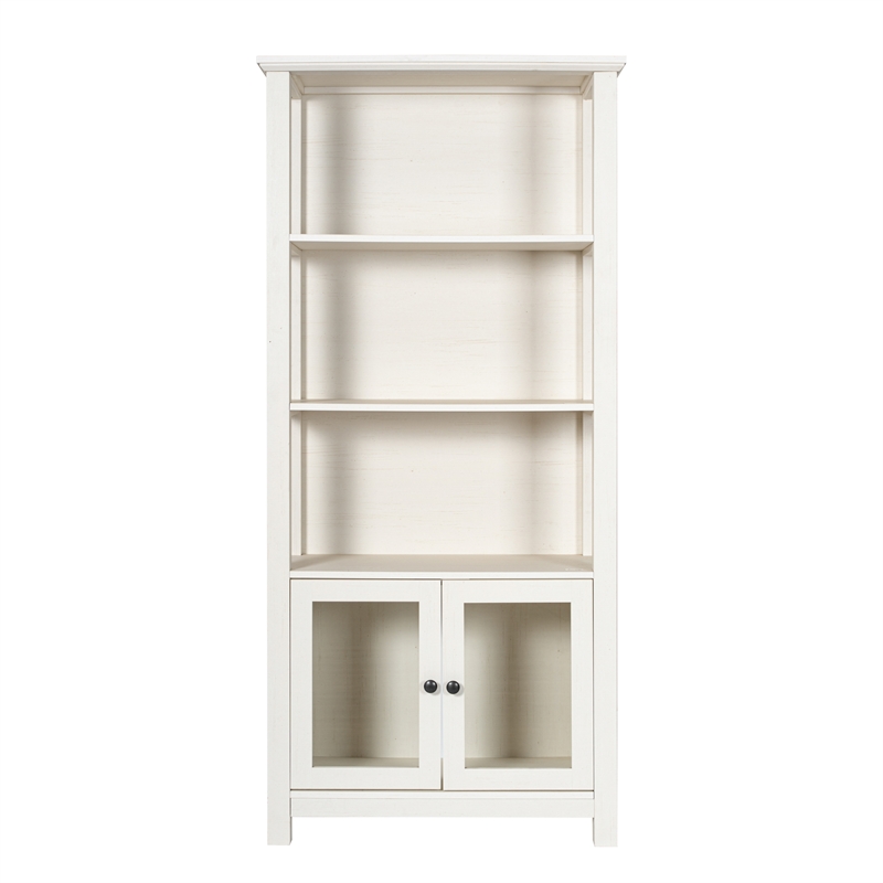 3 Tier Farmhouse Style Storage Cabinet Bookshelf with Glass Doors - White