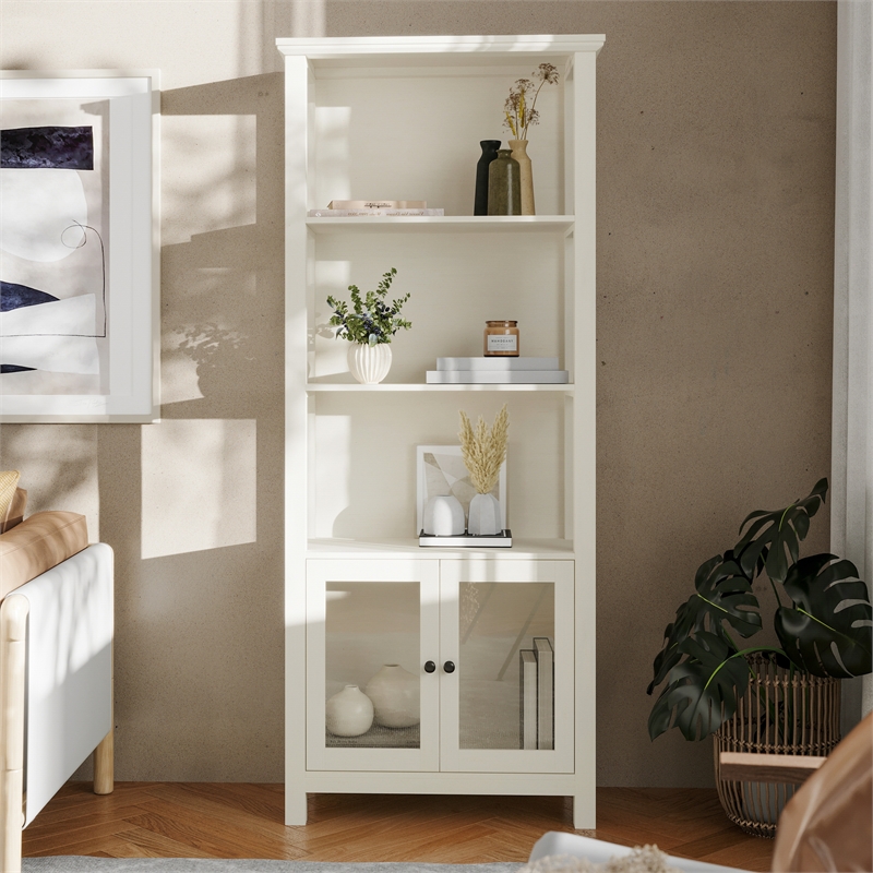 3 Tier Farmhouse Style Storage Cabinet Bookshelf with Glass Doors - White