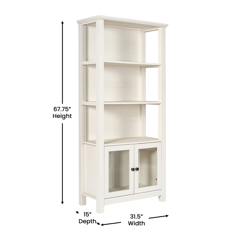 3 Tier Farmhouse Style Storage Cabinet Bookshelf with Glass Doors - White