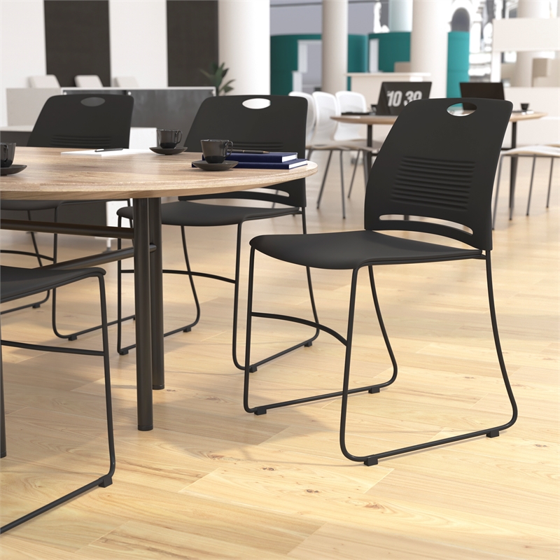 Commercial Grade 660 LB. Capacity Plastic Stack Chair with Steel Sled Base-Black