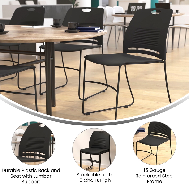 Commercial Grade 660 LB. Capacity Plastic Stack Chair with Steel Sled Base-Black