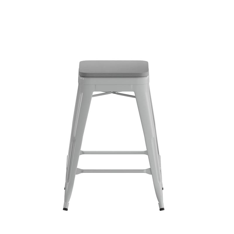All-Weather Silver Commercial Backless Counter Stools-Gray Poly Seat-4 PK