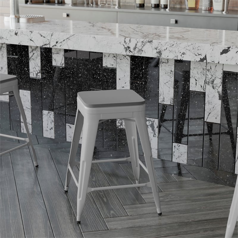 All-Weather Silver Commercial Backless Counter Stools-Gray Poly Seat-4 PK