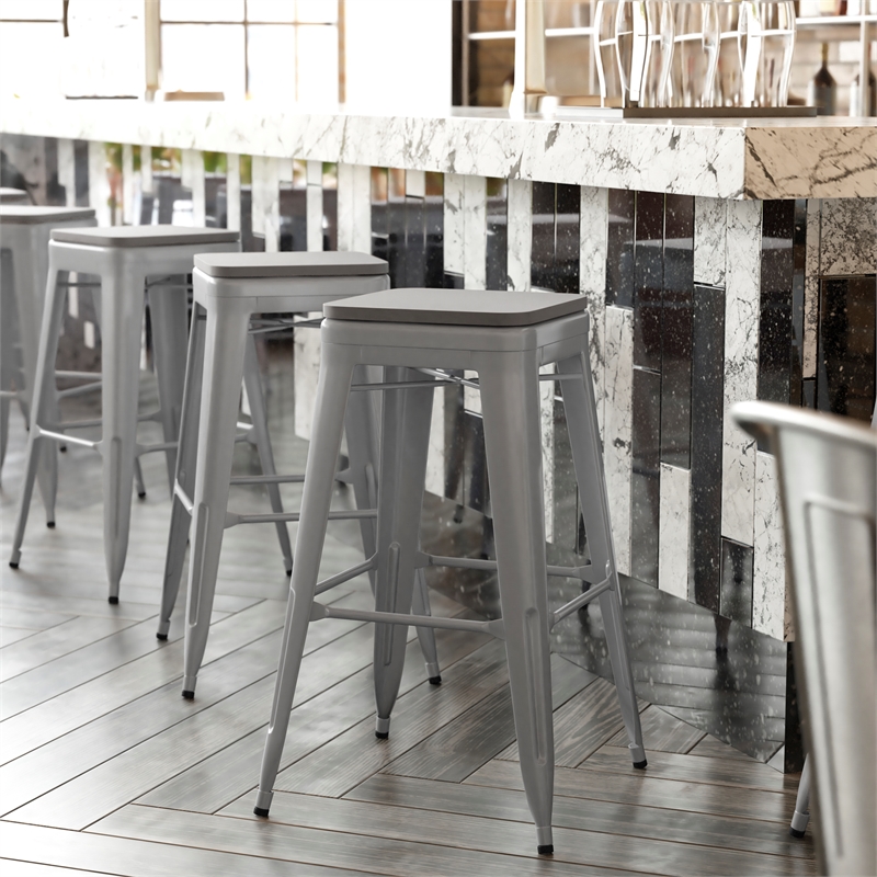 All-Weather Silver Commercial Backless Bar Stools-Gray Poly Seat-4 PK
